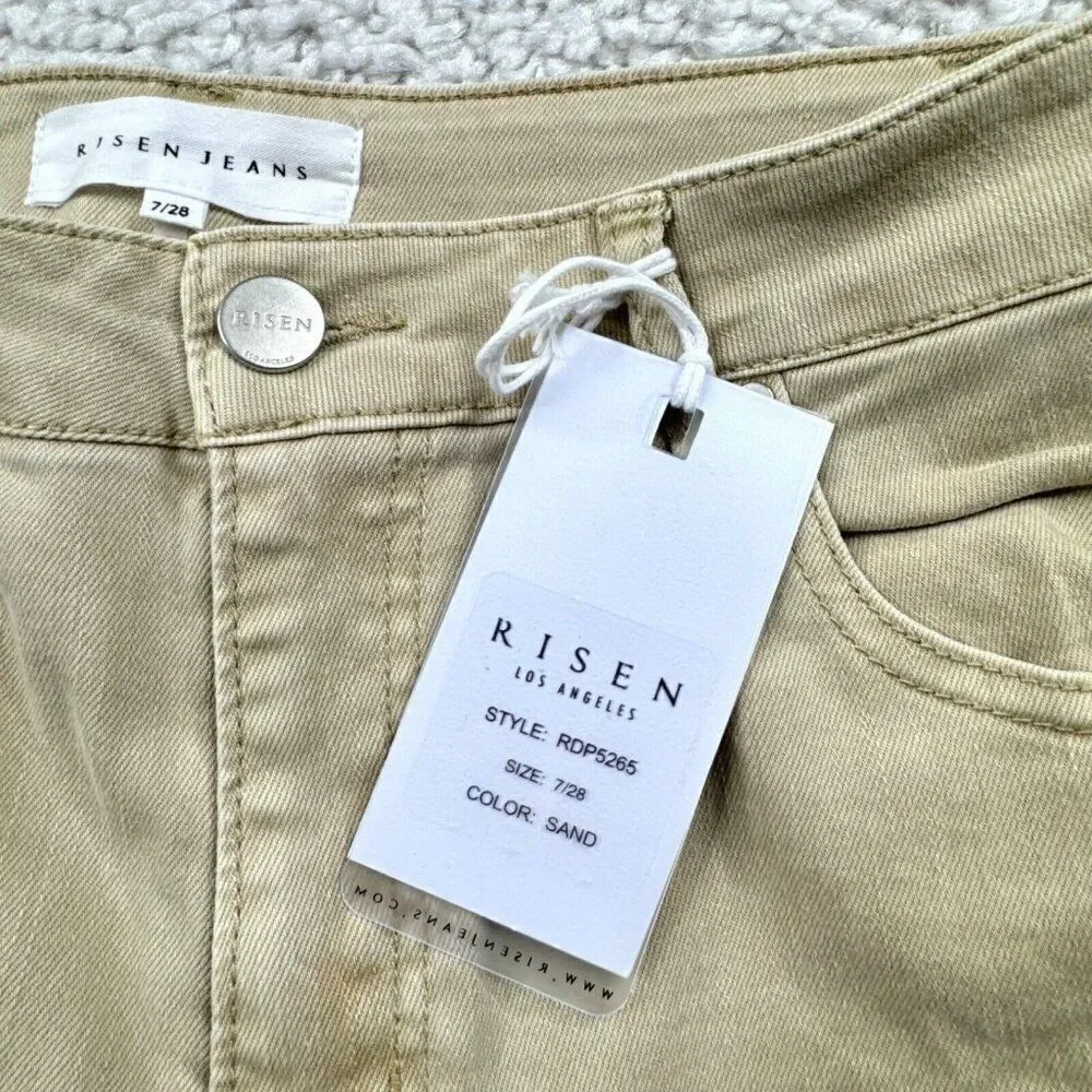 RISEN LOS Angeles Sand High Rise Distressed Straight Leg Jean Raw Hem 7/28 NEW - Picture 7 of 16